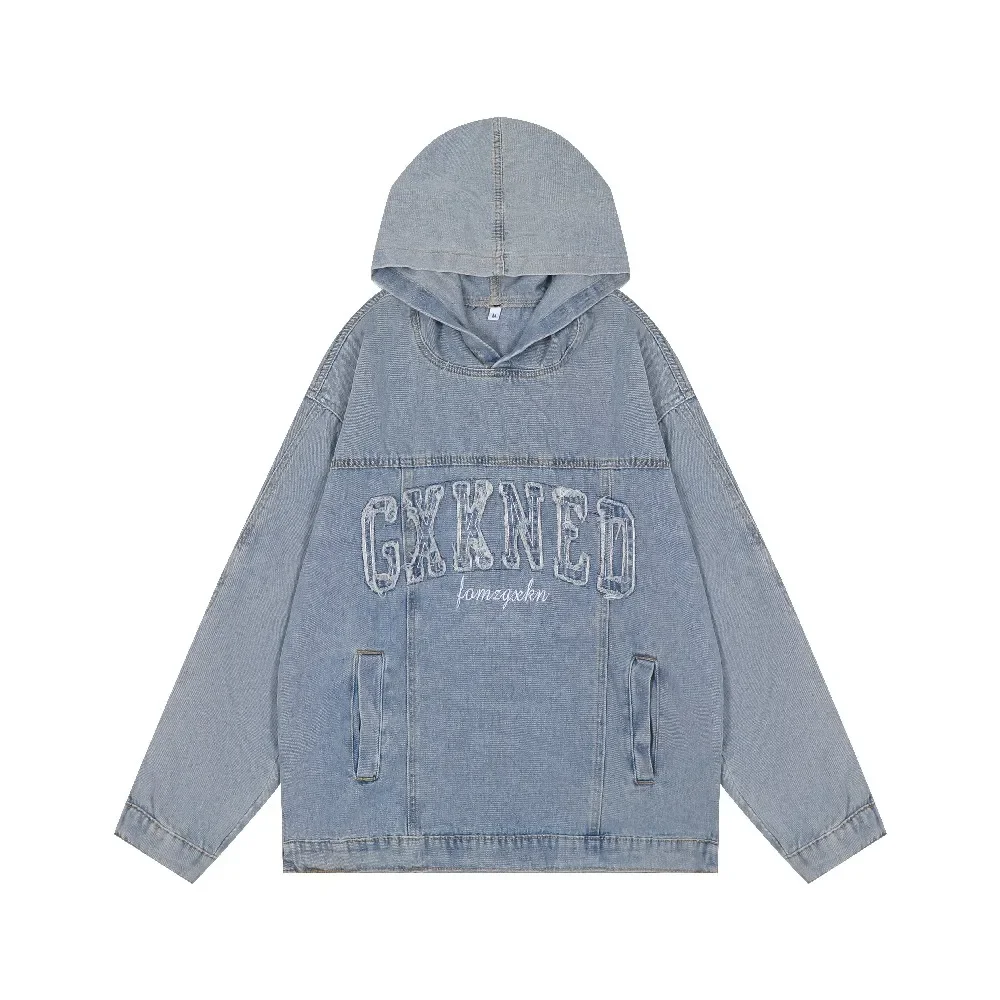 Vintage Embroidery Letters Women's Loose Large Frayed Hoodies Pullovers Sweatshirts Winter Distressed Hooded Gothic Denim Coats