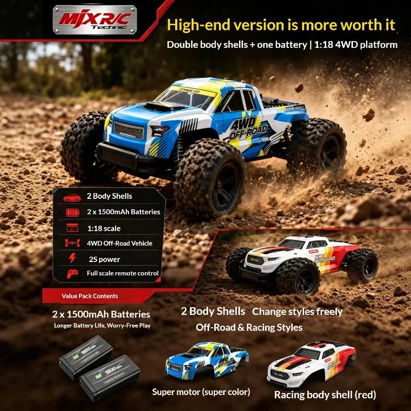 MJX 18208 1/18 4WD RC Short Course Truck 2.4G Off‑Road Remote Control Car Dual Shell & Dual Battery Gift Toy for Boys RC Players