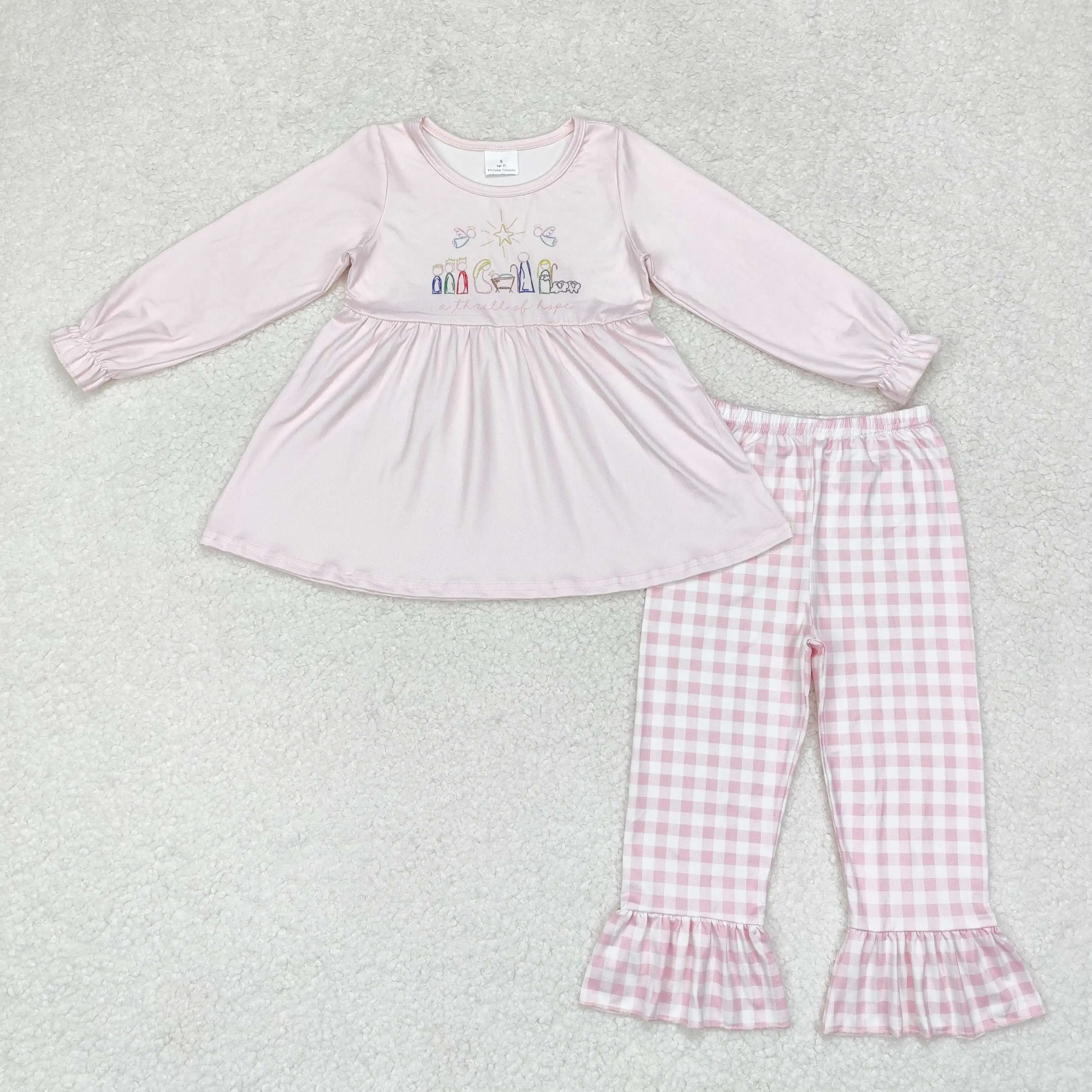 Conjunto navideño de manga larga para niños, lazos de túnica bordada con pan de jengibre, pantalones con volantes de camuflaje para bebés y niñas, venta al por mayor