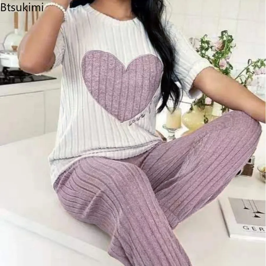 2026 Women's Summer Loose Pajama Sets Heart Pattern Short Sleeve Shirt and Pants Two-piece Simple Lovely Casual Home Wear Sets