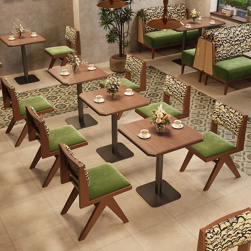 South East Asia Restaurant Commercial Catering Shop Table And Chair Combination Tea House Cafe Hotel Solid Wood Rattan Card Seat