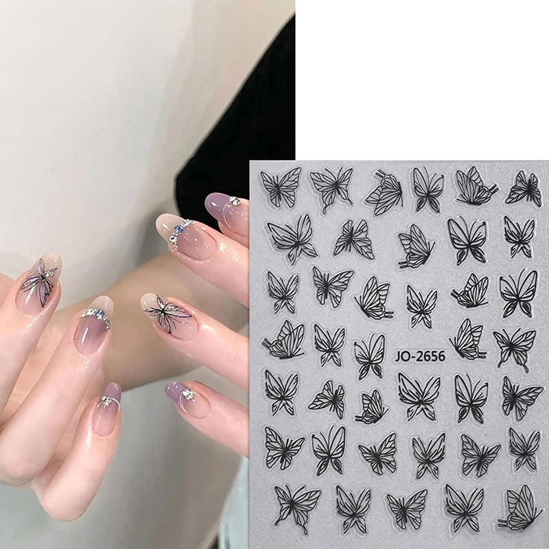 Hand gezeichnete Schmetterling Nail Art Aufkleber ultra dünne Schieber egler Dekoration transparente Abziehbilder schwarz/weiß/gold selbst klebende Aufkleber