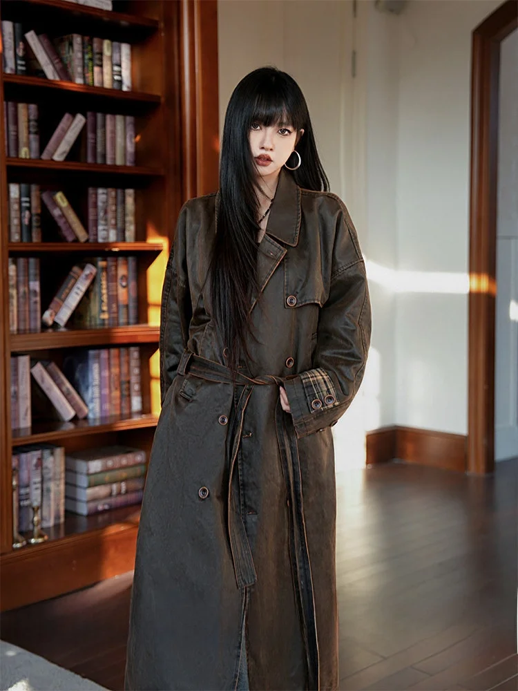 

Retro Heavy Work PU Leather Cotton Blend Women's Coat Long Sve Double Breasted Button up Waist Cinched Autumn Winter Jaet