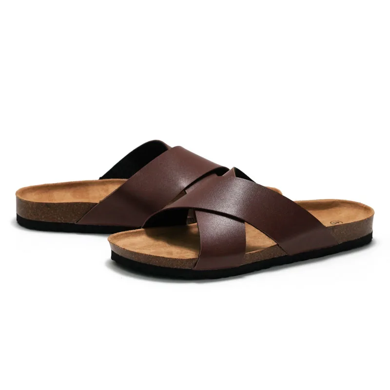 RuiZuStock Men's Summer Soft Wood Clog Shoes Cross Band Water Themed Slippers Casual Breathable Leather Splice Flat Heel Sandals