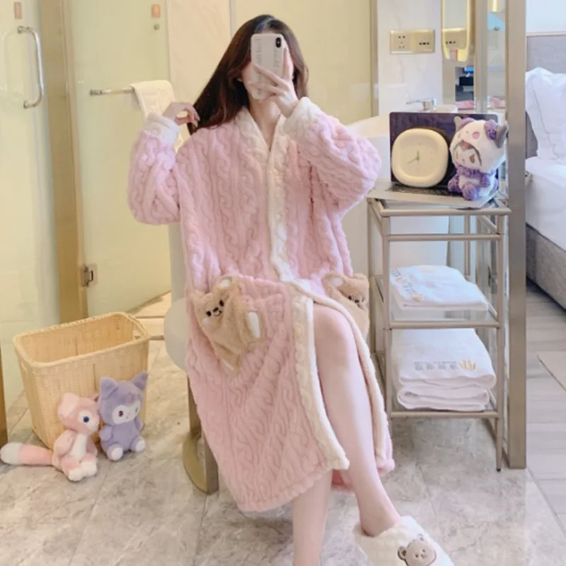 Winter Fashion Women Bathrobe Flannel Thicken Plush Long Sleeve Bathrobe Sleepwear Warm Nightgown Christmas Gift For Women