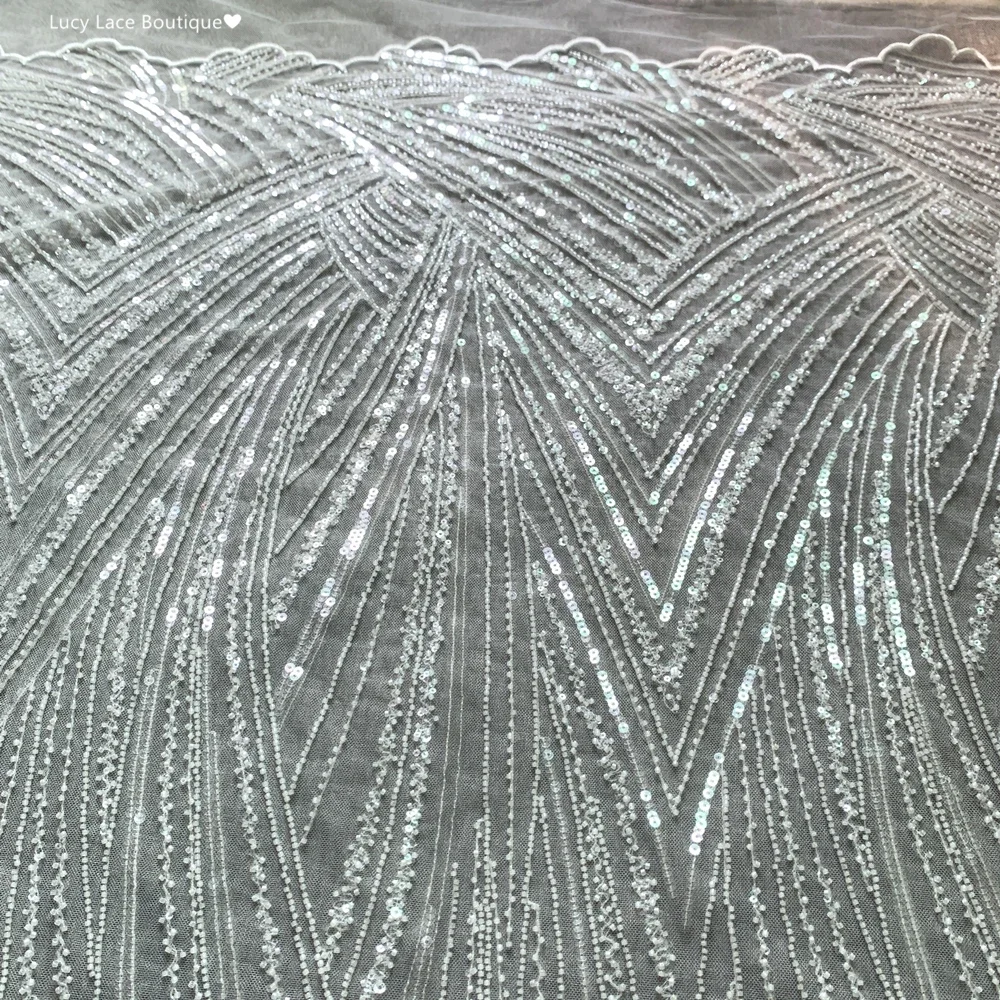 

Luxurious Beaded Lace Fabric Tulle Mesh 1 Yard 91CM 130CM Wide Off White Wedding Dress