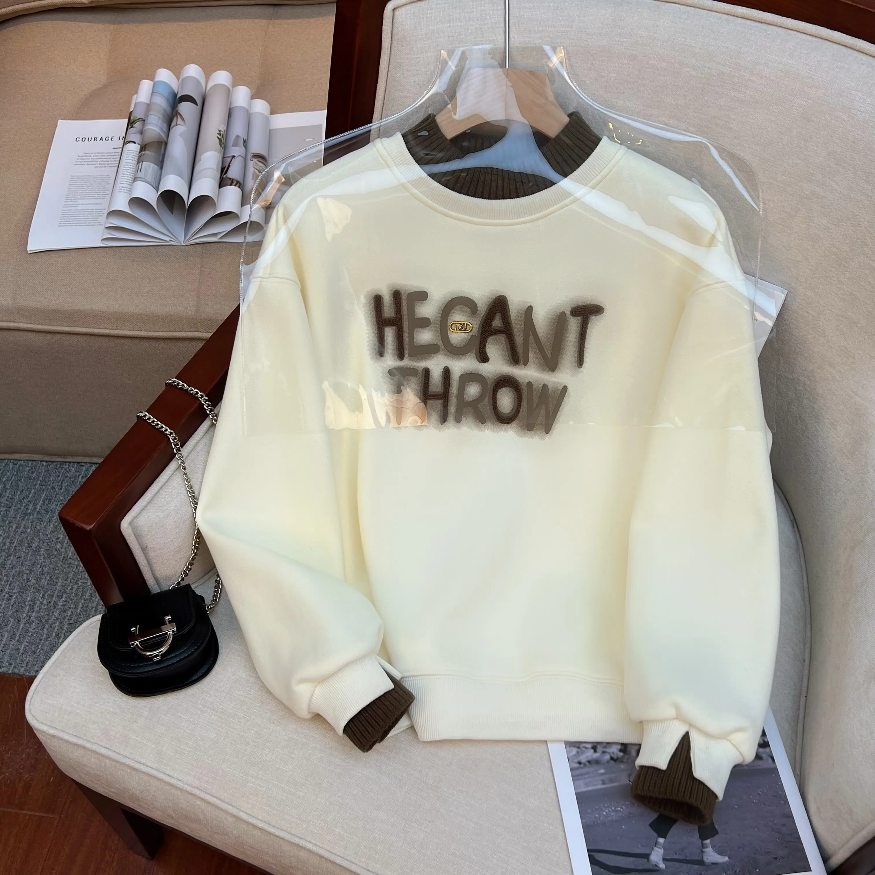 American Vintage Letter Embroidery Half-turtleneck Sweatshirt Women Autumn Winter Velvet Thickened Fake Two-piece Patchwork Top