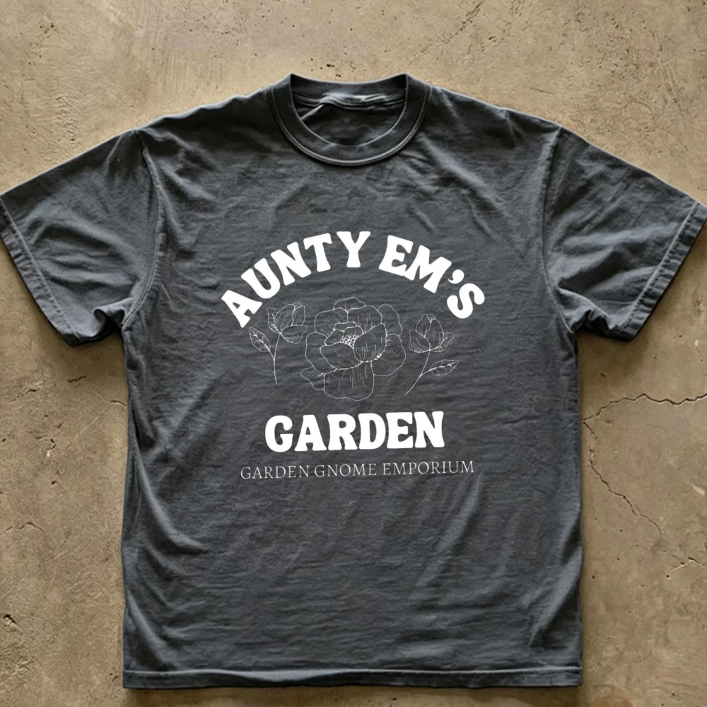 Aunty Em's Garden Gnome Emporium Graphic T‑Shirt Casual Cotton Tees Retro Floral Sketch Print Percy Jackson Themed Slogan Tops