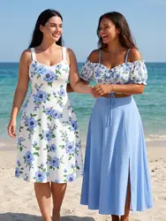 Plus Size Women Hawaii Costume Flowers Leaf Printed Dress, Or Cinched Ruffles Ruched Cold Shoulder Cami Top Or Solid Color Skirt