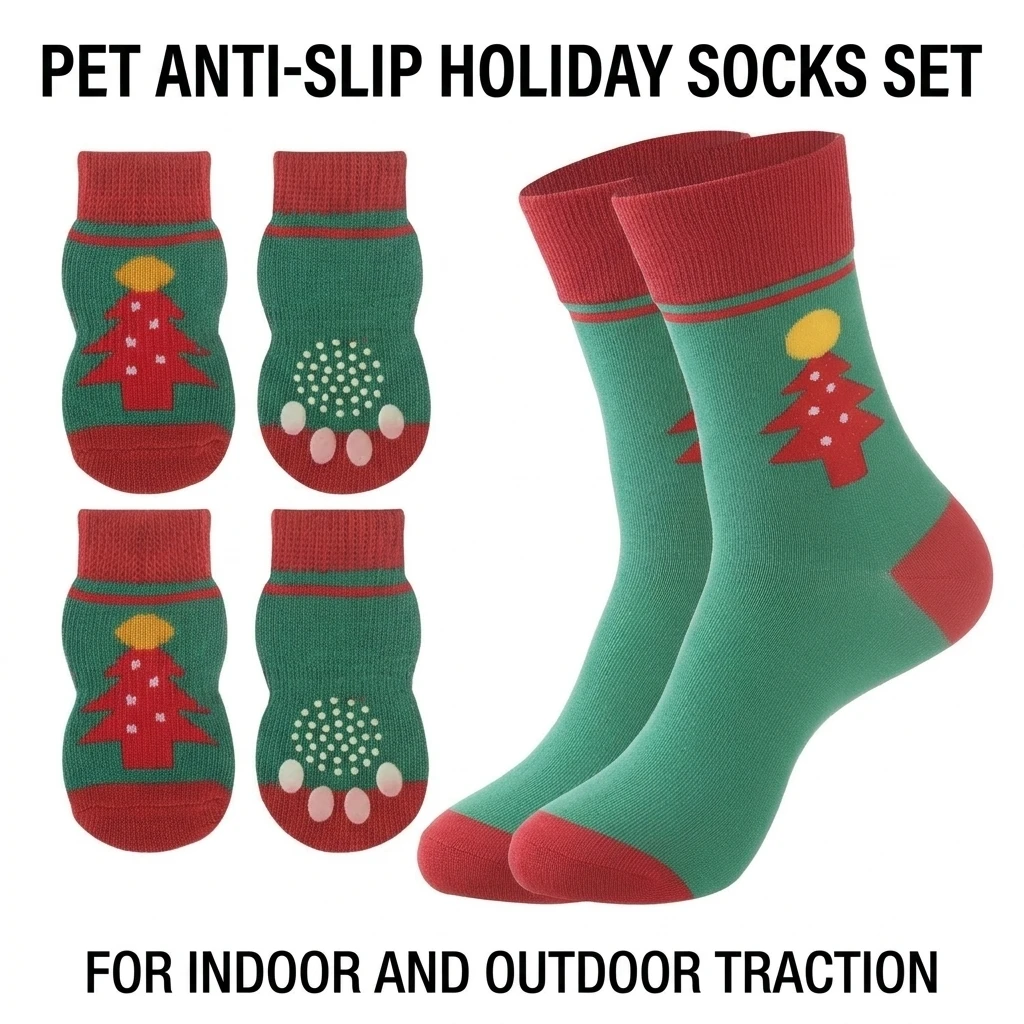 Christmas Holiday Dog Socks Set Non Slip Rubber Grip Warm Paw Protectors Matching Adult Cotton Knit Socks for Winter Pets