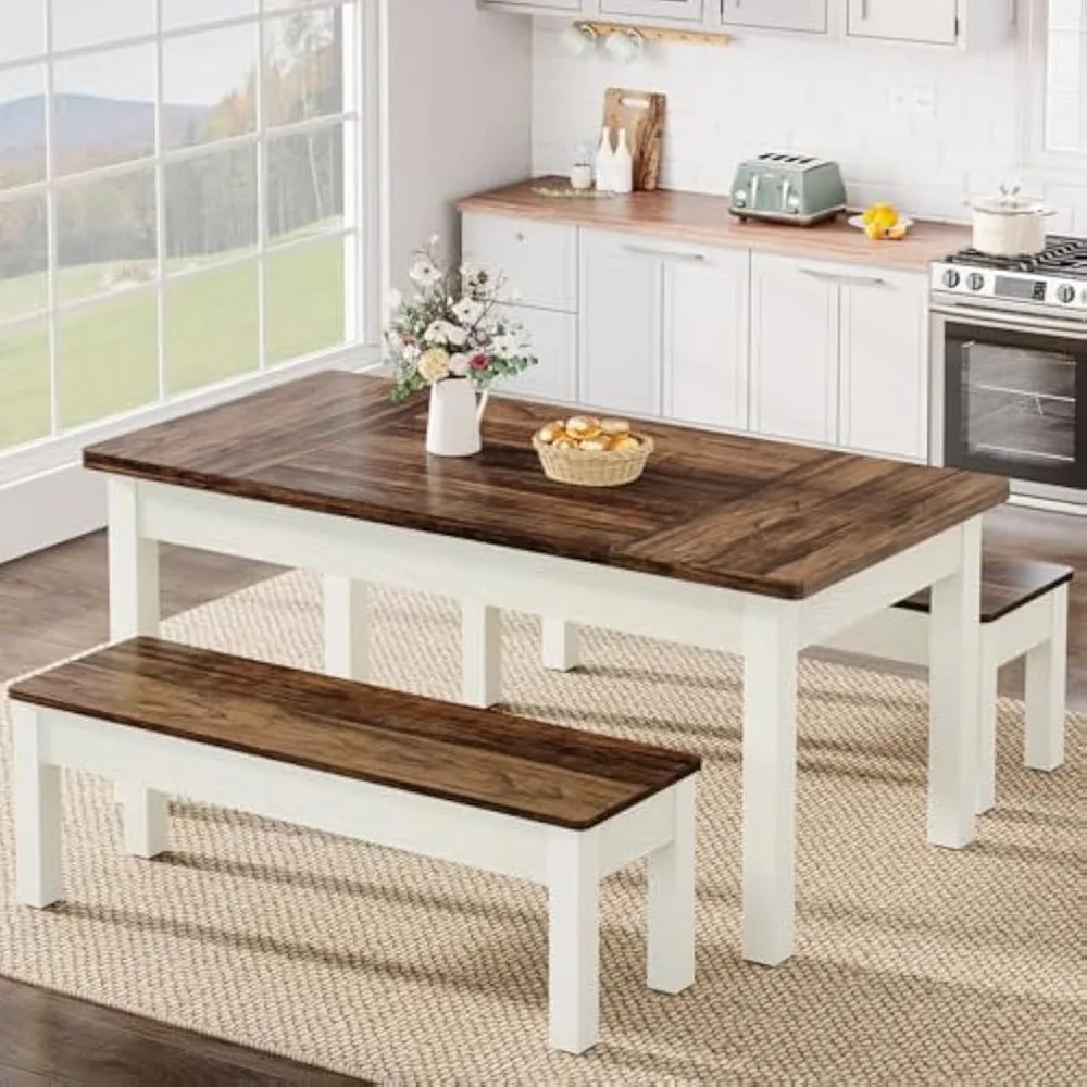 55-Inch Large Dining Table Set for 4-6, 3 Pieces Wood Kitchen Table with 2 Benches, Farmhouse Rectangular Dinner Room