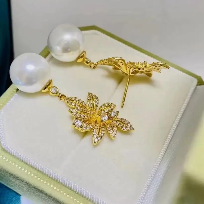 charming pair of 10-11mm south sea round white pearl dangle earring 925s
