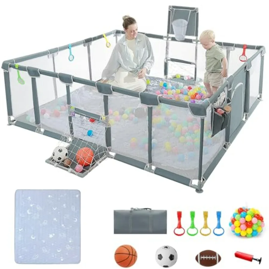 

Indoor Outdoor Baby Playpen 79x71 with Mat Breathable Fabric Blue Color Includes Hanging Pocket with Ocean Balls Basketball Hoo