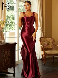 Missord Wine Satin Mermaid Prom Dress Elegant Women Spaghetti Strap Open Back Ruffle Trim Tie Evening Party Dresses Long Gown