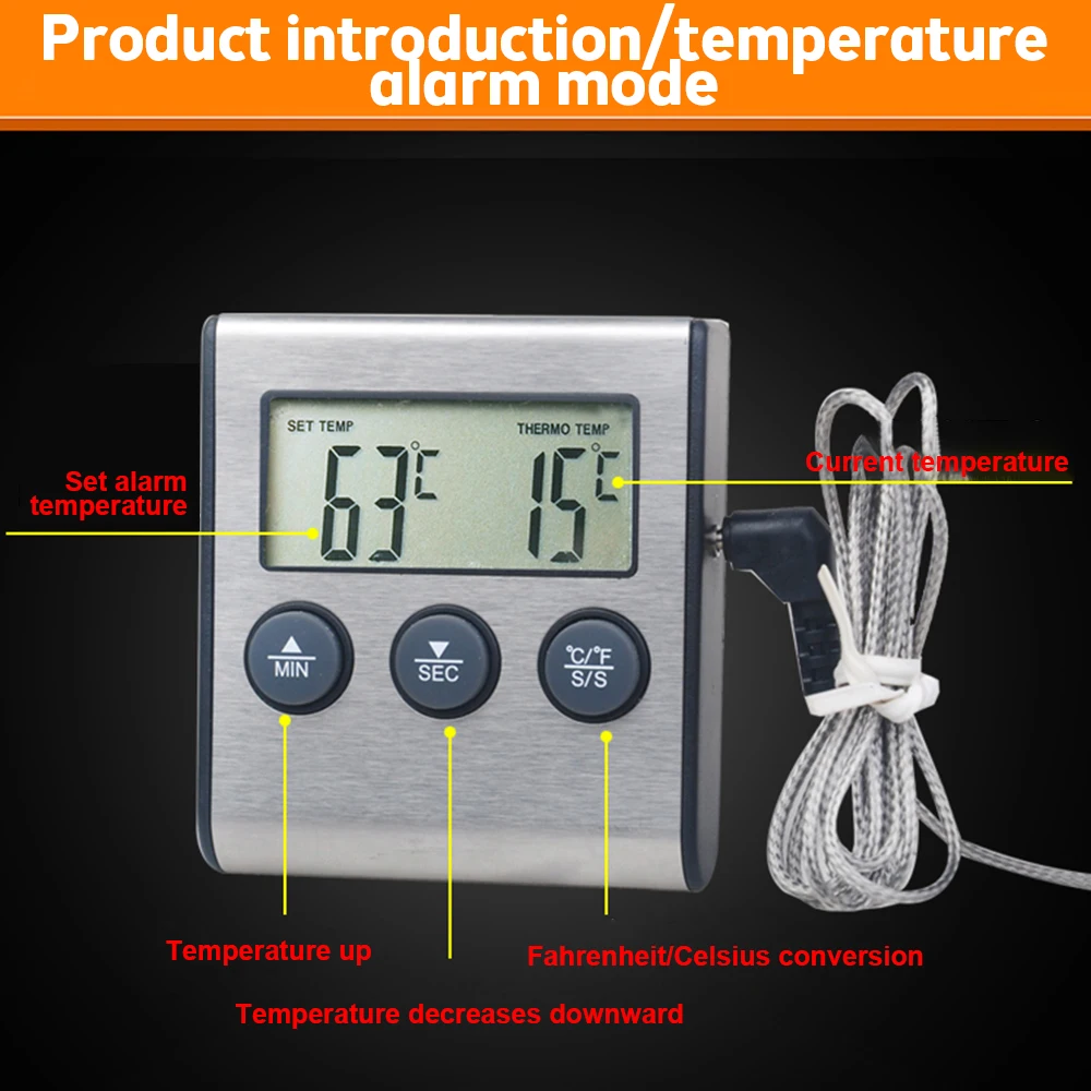 TP700 Mini Kitchen Digital Cooking Thermometer Meat Food Temperature Oven BBQ Grill Timer Function with Stainless Steel Probe