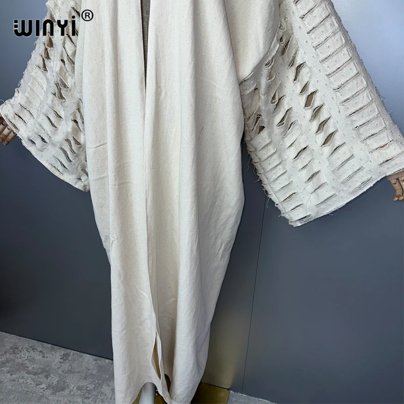 WINYI nuevo abrigo maxi kimono para mujer, abrigo con agujeros, cárdigan vaquero, abrigo largo para cubrir, trajes de playa para mujer, abaya de lujo de Dubái