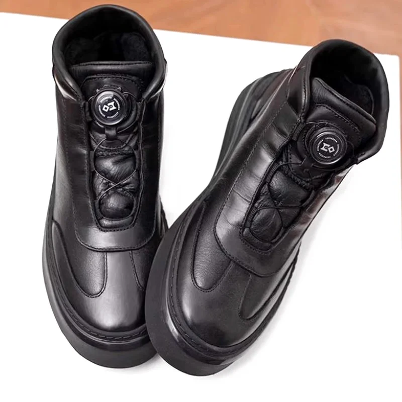 High Quality Genuine Leather Casual Sneaker Men Fur Pad Warm Winter Shoes Fur-lined Calf Leather High-top Shoes Men Ankle Boots