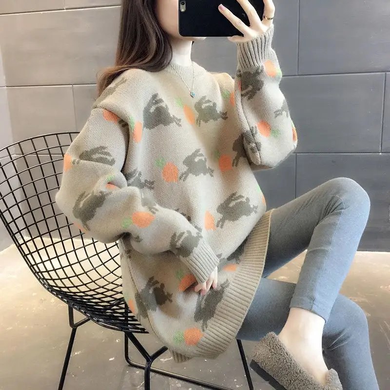 Medium and long style outerwear sweater pullover female 2023 new winter women sweater skirt loose o neck sweater pullover female