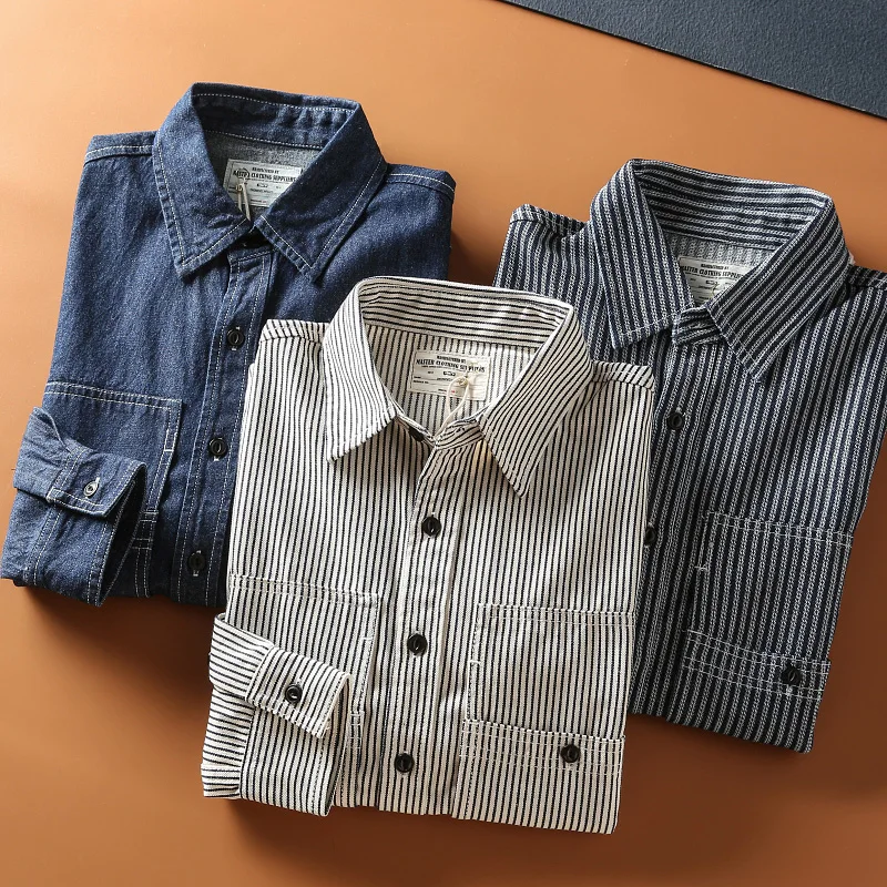 

Американская джинсовая рабочая рубашка в стиле ретро, новинка весенней коллекции, цвет хаки, из чистого хлопка, приталенный крой, длинный рукав