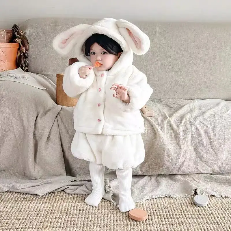 

80-130cm Girl Baby Winter Clothing Set Children's Cute Plush Thick Hooded Coat+Shorts Warm Two-piece Set Kids Outfits