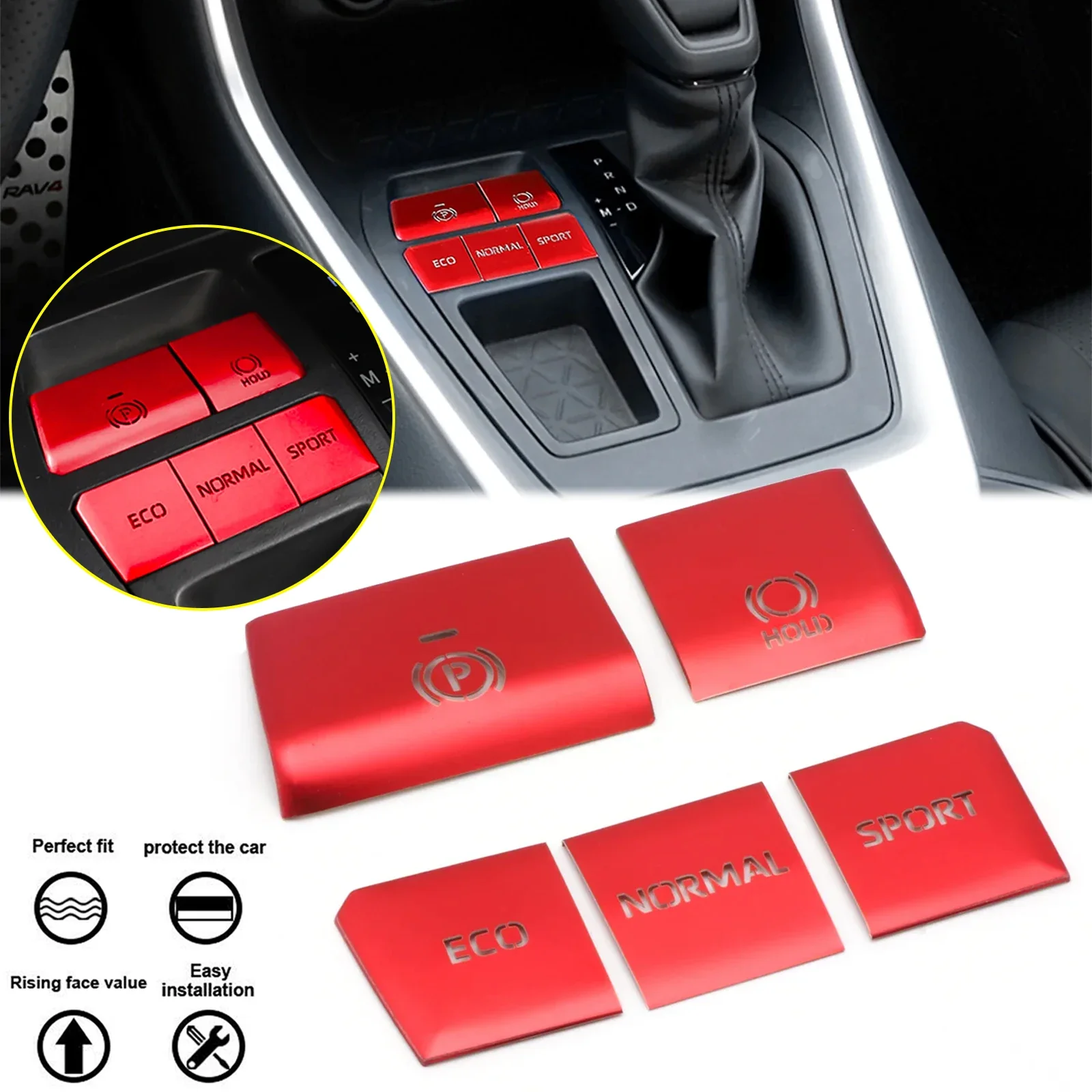 5pcs Sporty Red Gear Accessories P Gear Brake Hold Function Button Frame Cover Trims Sticker For Toyota RAV4 2019 2020 2021 2022