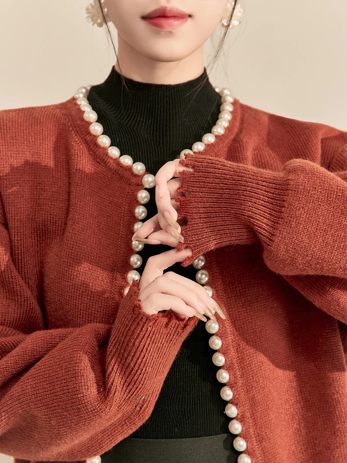 

Retro Sle Pearl Knitted Sweater Women's Loose Fit Winter Coat Fraance Sle Long Sve round Ne Warmth Emitting Top