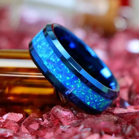 Blue Opal Inlay Tungsten Rings,,fire Opal Ring, Blue Wedding Ring for Man, Christmas Gift for Him, Valentine Day Gifts