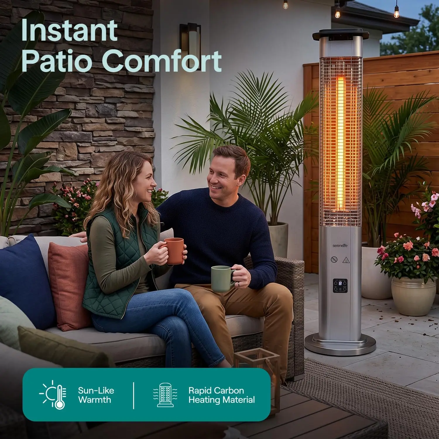 Electric Outdoor Patio Heater, 900W Infrared Standing Porch Heater with Remote, Aluminum Reflector, IP65 Approved Waterproof Design, Quiet Operation for Patio and Backyard
