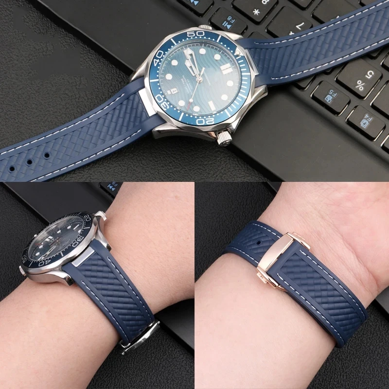 シリコンブルーラバーウォッチバンド,omega Philosoper 300,at150,aqua tero,超軽量8900,スチールバックル,20mm