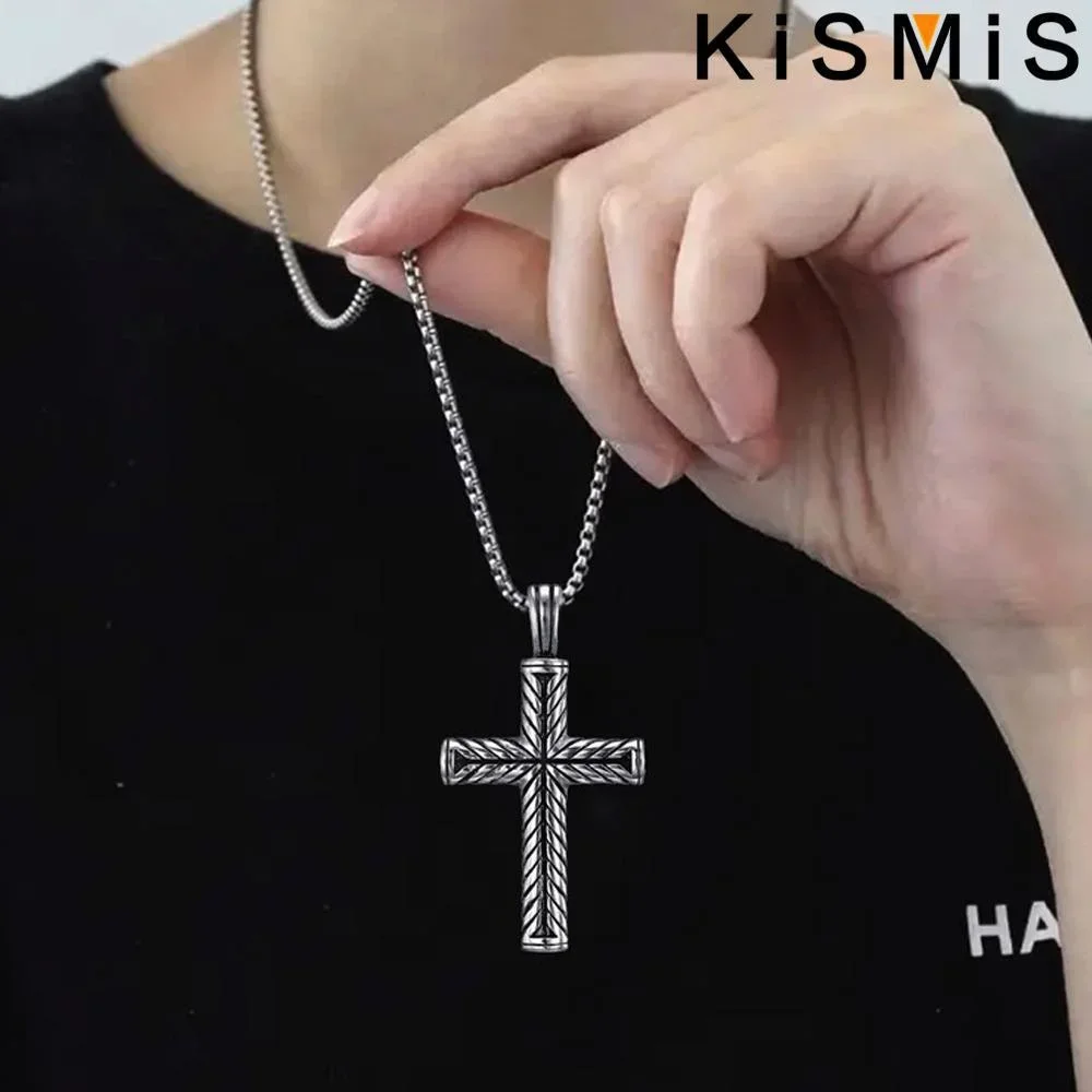 KISMIS 1PC Cross Pendant Necklace Boys Mens Stainless Steel Vintage Cross Pendant Necklace Men Women Silver