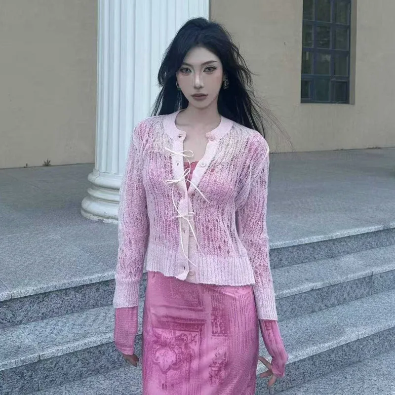 HKSH Damska Moda Punkowa Wiosna Lato Nowa Kolekcja Słodka Kokarda Elegancki Kardigan Cienka Przezroczysta Europejska Koszula Dzianinowa z Motywem Pajęcej Sieci HK4897