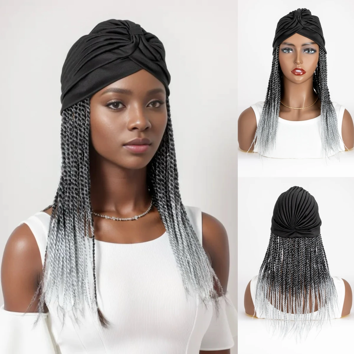 WIGERA-peruca sintética trançada torção com turbante para mulheres, extensões de cabelo, bandana, lenço de cabeça médio, preto, cinza, médio