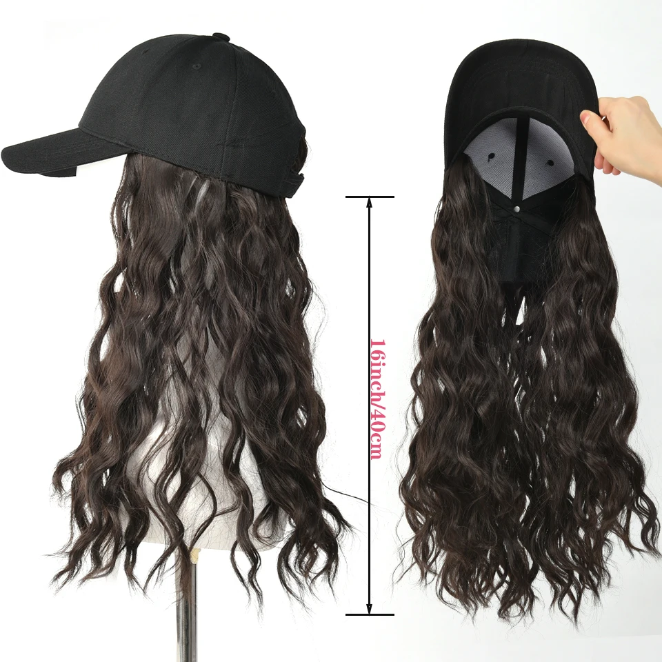 Synthetic black baseball cap wig hat wig one-piece long curly hair wig hat suitable for women's daily party use