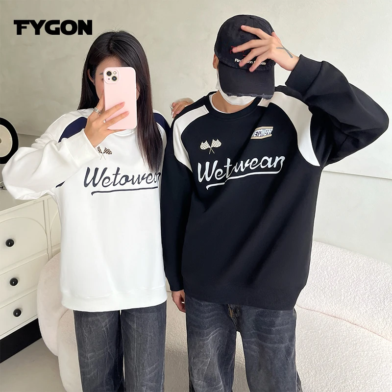 

Fygon French Terry Thin O-neck Unisex Sweatshirt Digital Printing Patchwork Contrast Color Pullovers 100% Cotton Sweatshirt