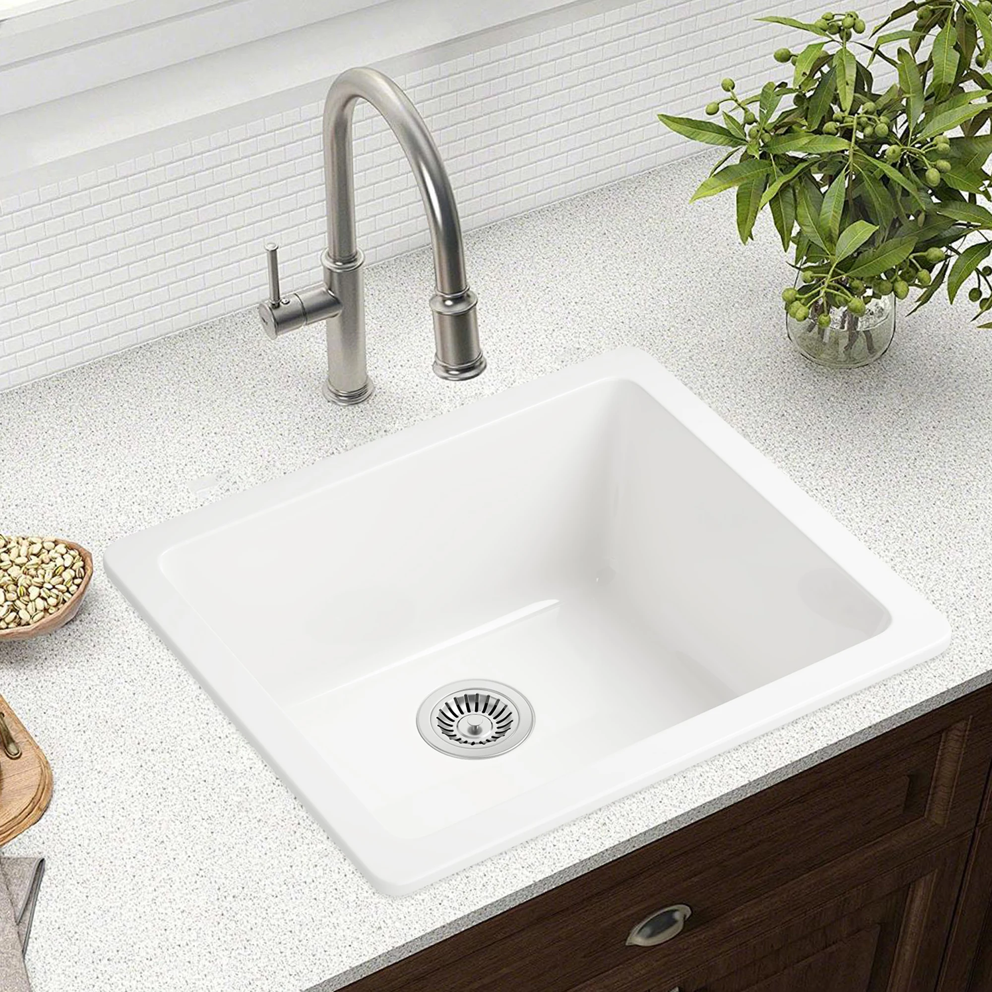 21 “L x 18.5 ”W White Modern Style Ceramic Single Bowl Kitchen Sink 8-Inch Deep Easy to Clean Single Bowl Sink