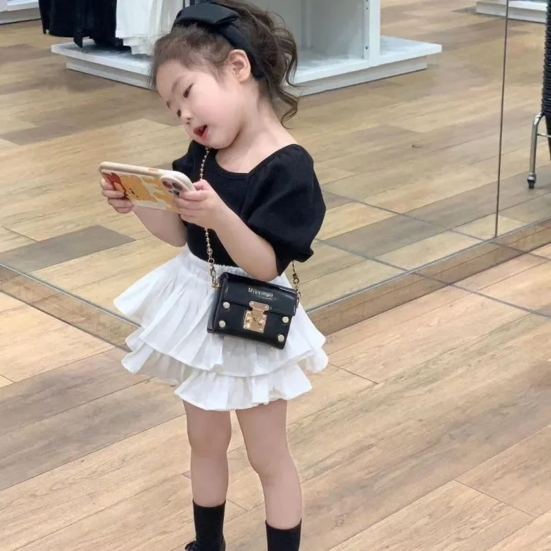 

2025 Kids Colthes Sets Black T-shirts White Skirt Cotton Sweet Girl Skirt Sets Korean Version Summer New Fashion