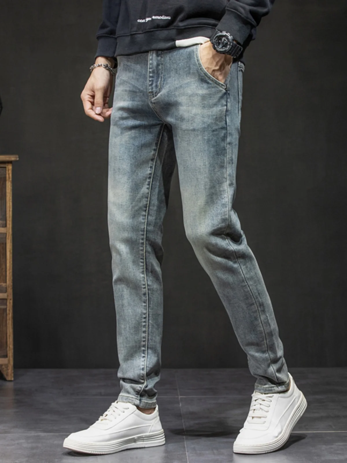 

High-End Retro Slim Straight Leg Men's Jeans Casual Waed Spring Autumn Versatile Comfortable Cotton Stretch Denim Trousers