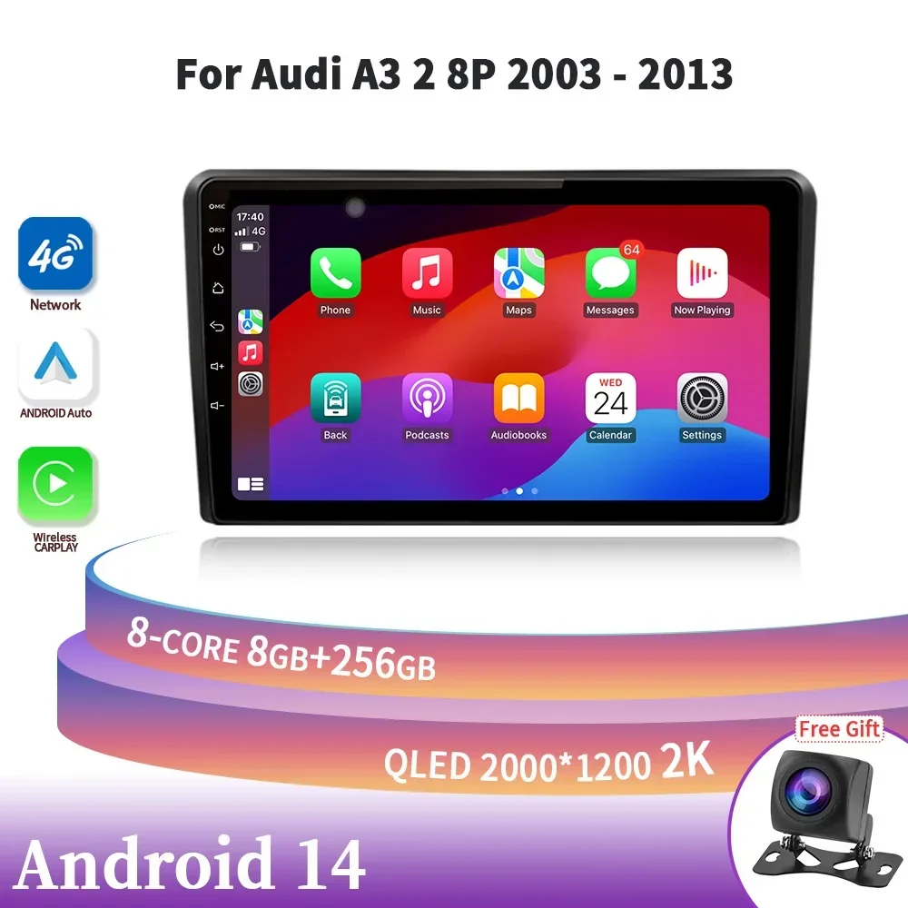 

Для Audi A3 2 8P 2003-2013 Android 14 Автомобильный радиоприемник Мультимедийный видеоплеер Навигация 4G GPS Carplay BT Сенсорный экран Авто Стерео