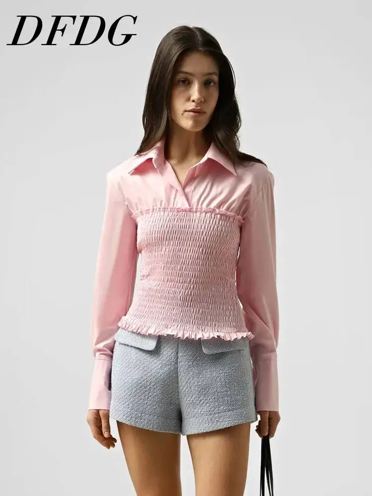 

DFDG Women 2026 Spring Summer Collared Neck Blouse Long Sleeve Smocked Waist Ruffle Trim Slim Fit Elegant Casual Blouse