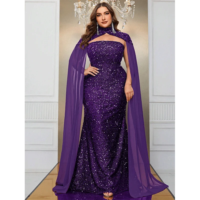 Plus Size Luxurious Strapless Cape Wedding Shiny Long Evening Gown 5XL6XL Big Size Banquet Festive Sequin Prom Dress for Women