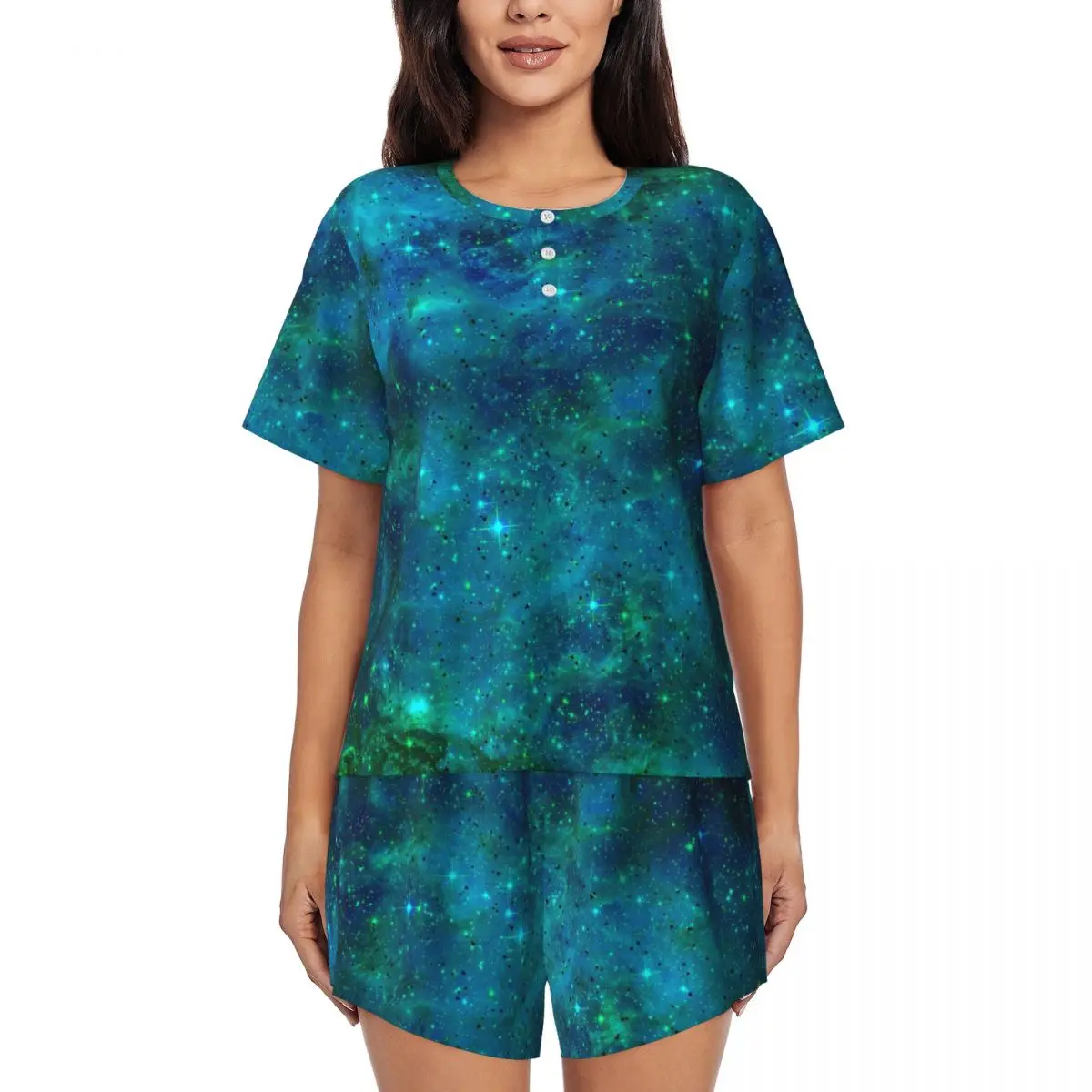

Зеленая пижама Galaxy Lady Asteroid And Constellation, милая ночная рубашка, повседневная одежда с короткими рукавами, комплект из 2 предметов, повседневный пижамный комплект с круглым вырезом и графикой