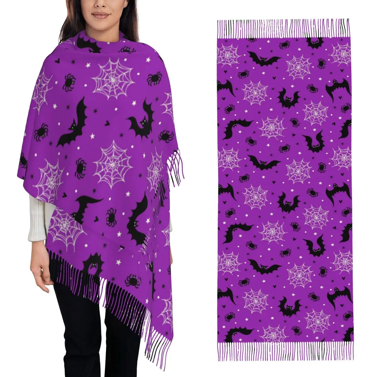 

Хэллоуин Черный кот Паук Готический шарф ведьмы Шарфы с кисточками для женщин Мягкие теплые шали и накидки Длинная осенне-зимняя шаль