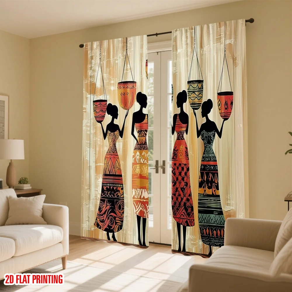 2 Stück Afrikanische Frauen Vorhänge Stammes-Silhouetten Töpferkunst-Druck Gardinen Wohnzimmer Ethnische Boho Fensterdekoration Kulturelle Heimdekoration