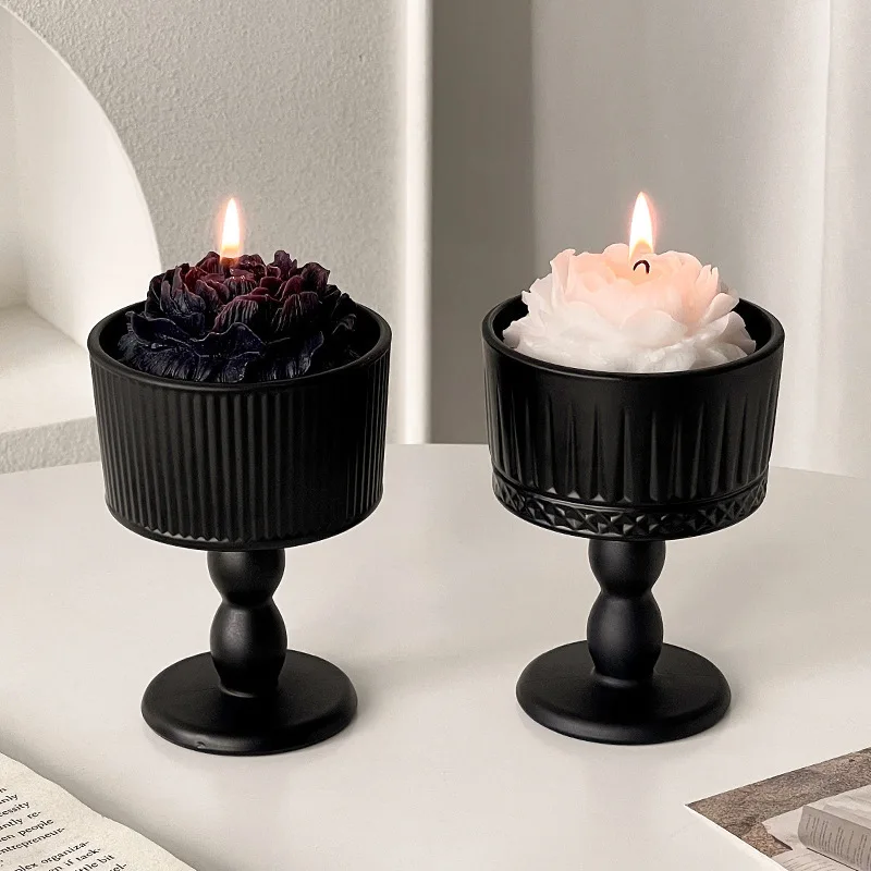 French retro black frosted candle holder, home high-end aromatherapy candle, glass base, atmospheric decorative ornament