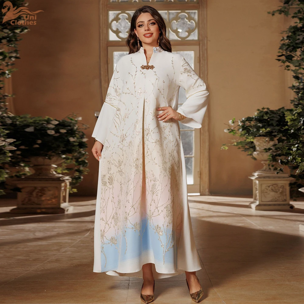 Uni Dubai Fashion Elegant Long Dresses Jalabiya Jacquard Gradient Color Homewear Moroccan Saudi Kaftan African Abayas 2024