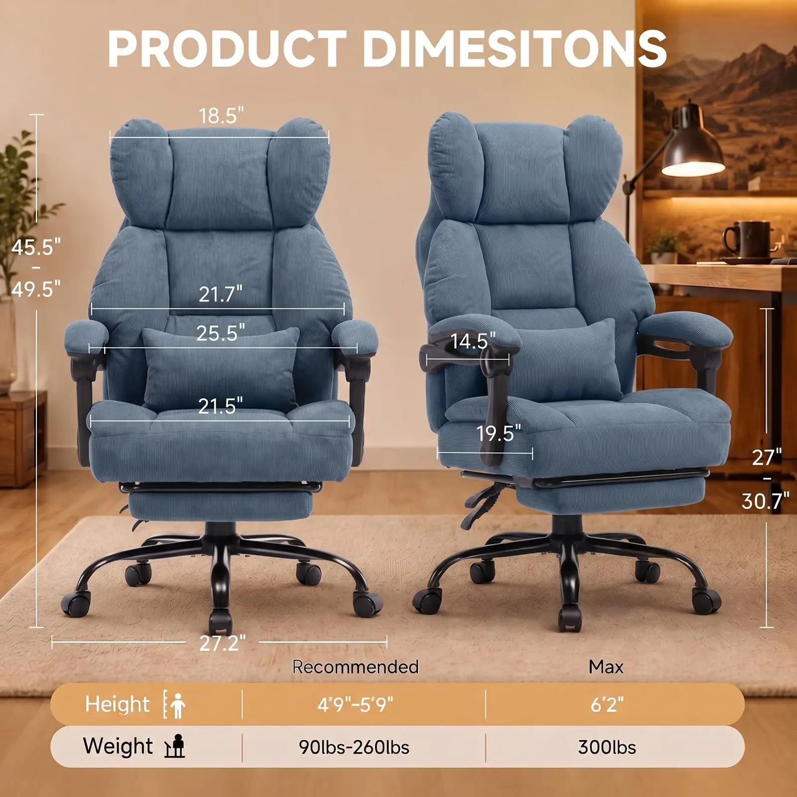 Big&Tall Ergonomic Gaming Chair, Wide Spring Seat, Linkage Armrest,Blue