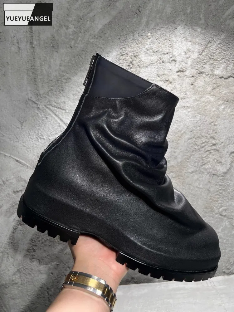 

Vintage Mens Thick Platform High Top Shoes Back Zipper Cowhide Genuine Leather Work Ankle Boots Motorcycle Riding Safety Boots