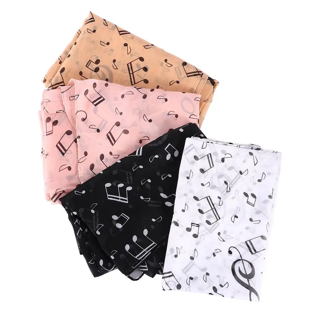 Syal Leher Wanita Motif Treble Clef Empat Musim yang Trendi, Syal Bermotif Not Musik, Selendang Sifon Sutra, Muffler