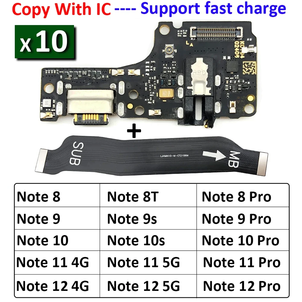 

10Pcs, USB Charger Charging Dock Port Connector Main Flex Cable For Xiaomi Redmi Note 7 8 8T 9 9s 10 10s 11 12 Plus Pro 4G 5G