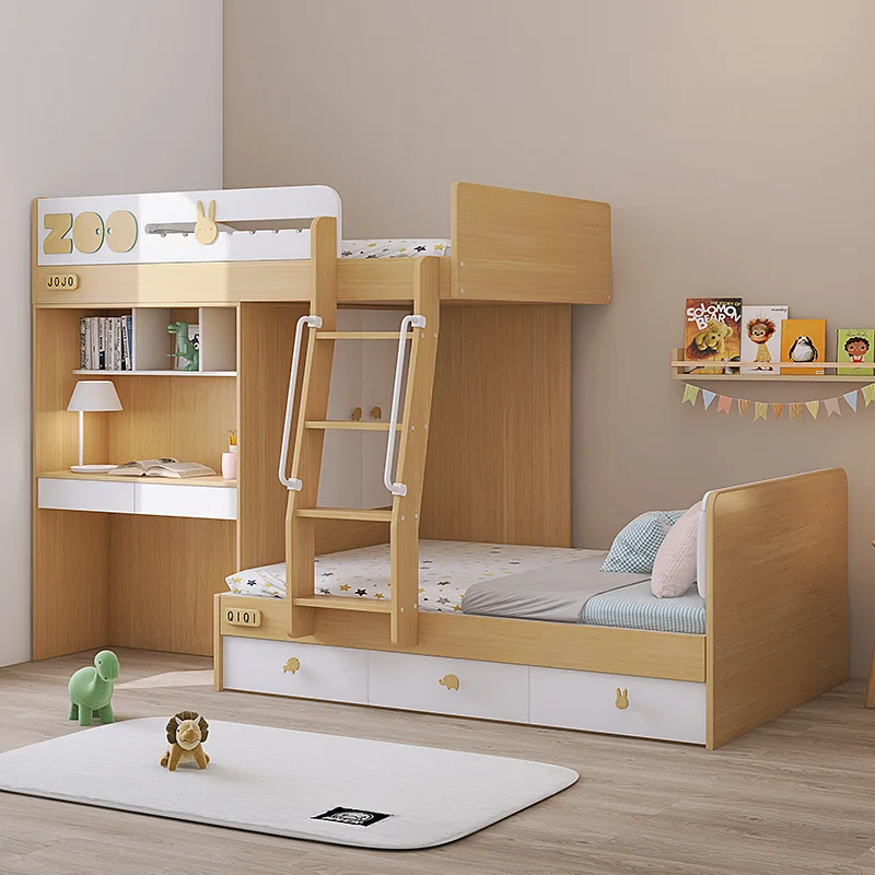 3IGP children's bed with staggered upper and lower bunks and a desk, staggered parent-child bed with wardrobe, small unal